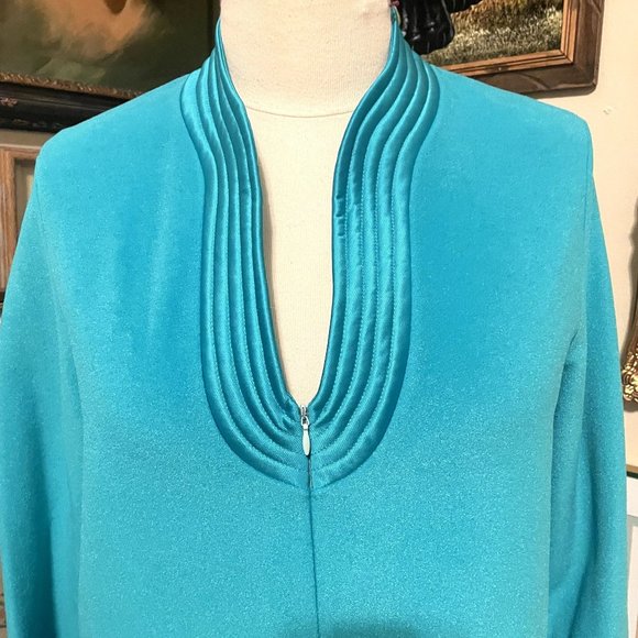 80s Vintage JCPenney Green Fleece Zip Front Midi Robe with Sculpted Neckline M - Picture 4 of 6